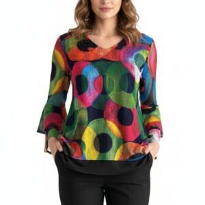 Calessa NWOT Women's Vibrant Circle Print Mesh V-Neck 3/4 Sleeve Tunic Size S
